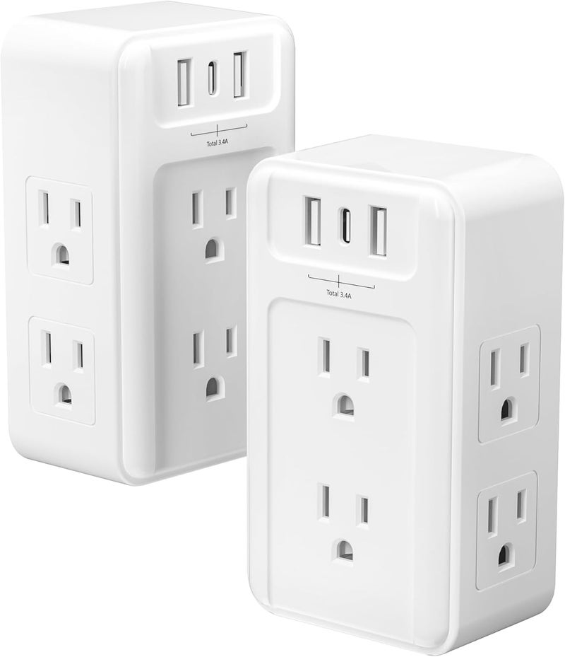 BN-LINK Multi Plug Outlet 2 Pack, 6 Wall Outlet Extender with 3 USB Charging Ports (1 USB C) Total 3.4A, 3-Sided Outlets Splitter Multiple Outlet Wall Plug for Home Office Dorm Room - Image 1